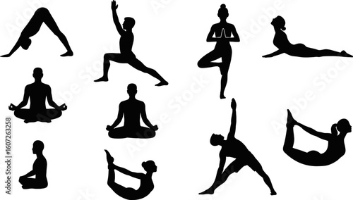 Yoga poses silhouettes vector illustration for fitness and meditation exercise guide and wellness