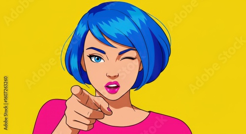 Pop Art Style Woman with Blue Hair Winking and Pointing
