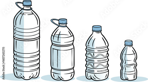 Many water bottles isolated on white. a vector illustration of a lineup of various plastic water bottles in increasing size. ach bottle should have a distinct design,