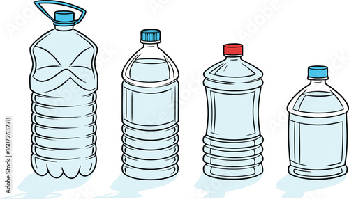 Many water bottles isolated on white. a vector illustration of a lineup of various plastic water bottles in increasing size. ach bottle should have a distinct design,
