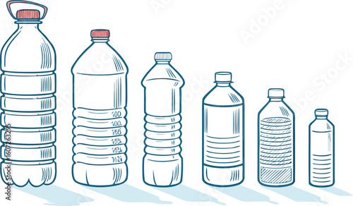Many water bottles isolated on white. a vector illustration of a lineup of various plastic water bottles in increasing size. ach bottle should have a distinct design,