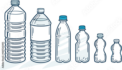 Many water bottles isolated on white. a vector illustration of a lineup of various plastic water bottles in increasing size. ach bottle should have a distinct design,