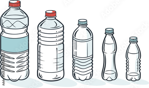 Many water bottles isolated on white. a vector illustration of a lineup of various plastic water bottles in increasing size. ach bottle should have a distinct design,