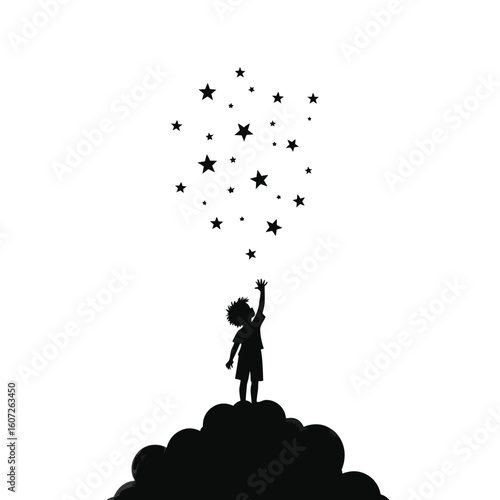 Child reaching for stars silhouette on cloud vector
