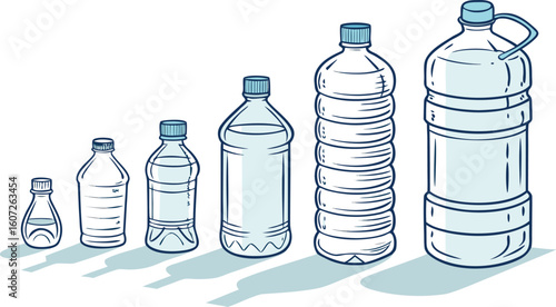 Many water bottles isolated on white. a vector illustration of a lineup of various plastic water bottles in increasing size. ach bottle should have a distinct design,
