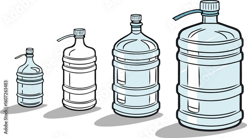 Many water bottles isolated on white. a vector illustration of a lineup of various plastic water bottles in increasing size. ach bottle should have a distinct design,