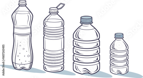 Many water bottles isolated on white. a vector illustration of a lineup of various plastic water bottles in increasing size. ach bottle should have a distinct design,