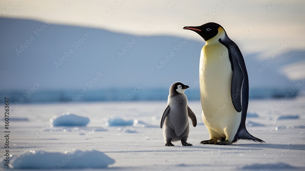 Fototapeta premium A Majestic Emperor Penguin and its Chick on Antarctic Ice