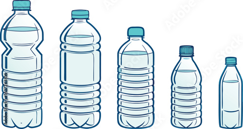 Many water bottles isolated on white. a vector illustration of a lineup of various plastic water bottles in increasing size. ach bottle should have a distinct design,