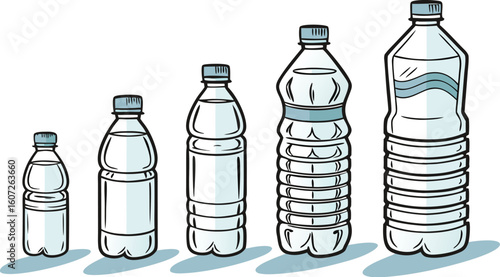 Many water bottles isolated on white. a vector illustration of a lineup of various plastic water bottles in increasing size. ach bottle should have a distinct design,
