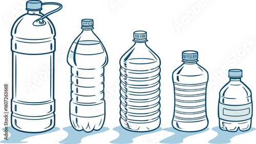 Many water bottles isolated on white. a vector illustration of a lineup of various plastic water bottles in increasing size. ach bottle should have a distinct design,