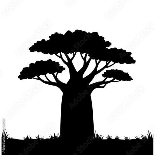 Single baobab tree silhouette with grass on white background