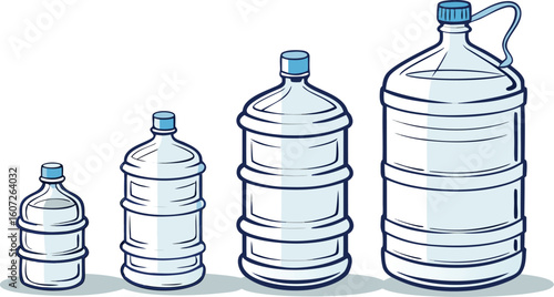 Many water bottles isolated on white. a vector illustration of a lineup of various plastic water bottles in increasing size. ach bottle should have a distinct design,
