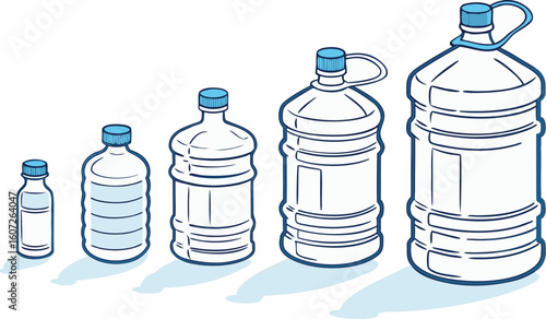 Many water bottles isolated on white. a vector illustration of a lineup of various plastic water bottles in increasing size. ach bottle should have a distinct design,