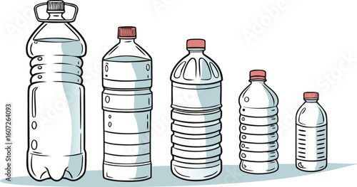 Many water bottles isolated on white. a vector illustration of a lineup of various plastic water bottles in increasing size. ach bottle should have a distinct design,