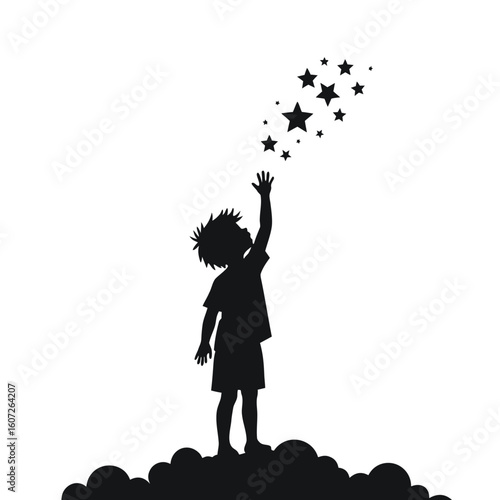 Child reaching for stars silhouette vector