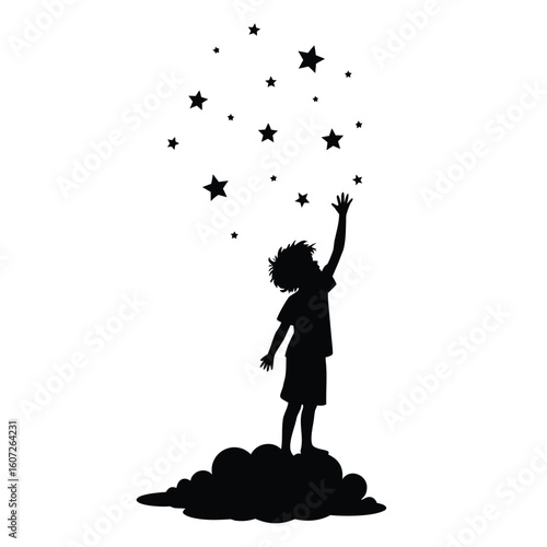 Child reaching for stars silhouette vector