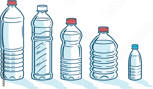 Many water bottles isolated on white. a vector illustration of a lineup of various plastic water bottles in increasing size. ach bottle should have a distinct design,