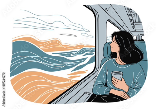 Contemplative journey A female traveler gazes at the passing scenery from a train window with a warm drink.