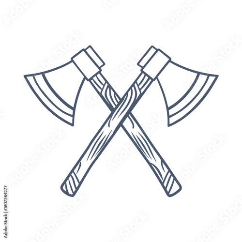 Two crossed axes with wood grain texture on handles and striped blades vector