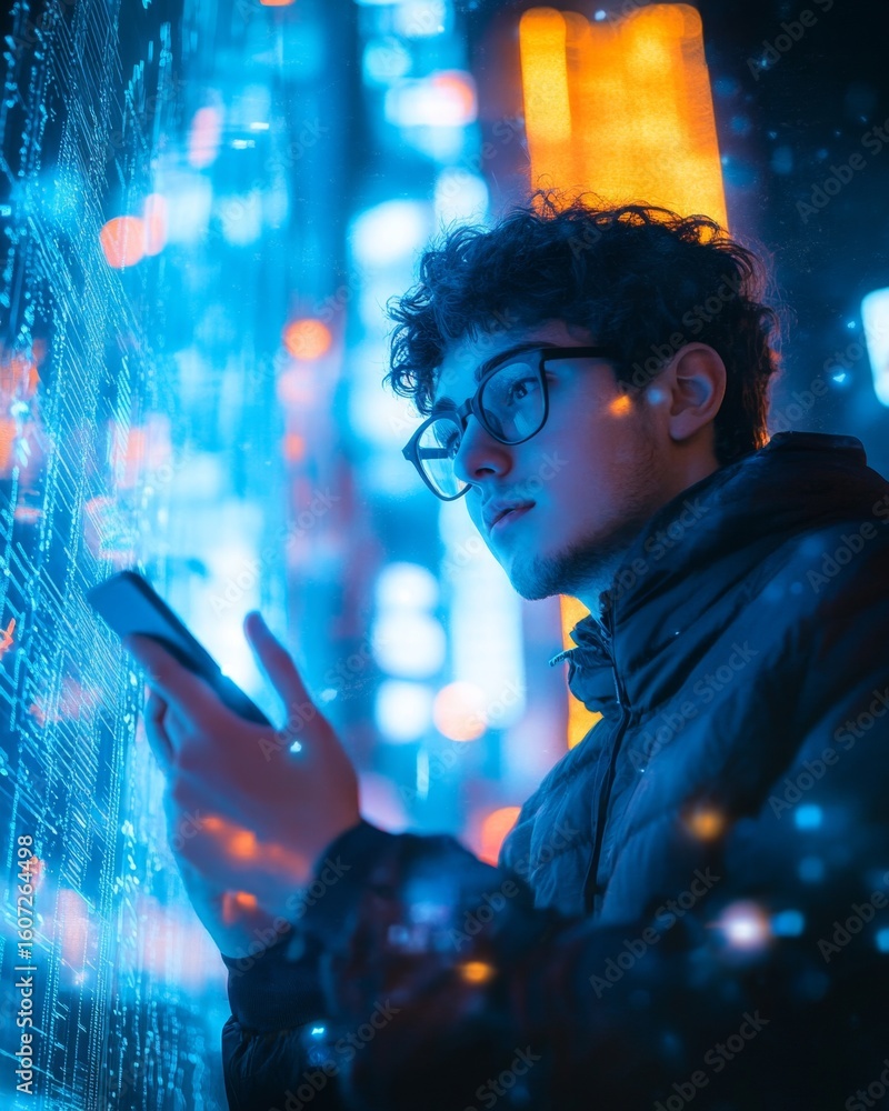 Obraz premium A young man in glasses, wearing dark and looking at the screen of his phone, stands against the backdrop of an abstract digital city with glowing elements