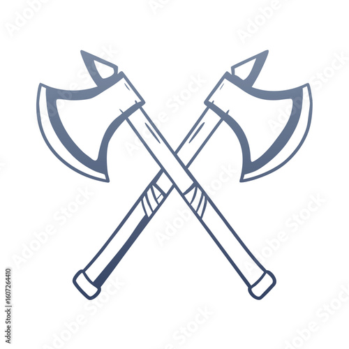 Two crossed battle axes with blue gradient outline on white background weapon medieval