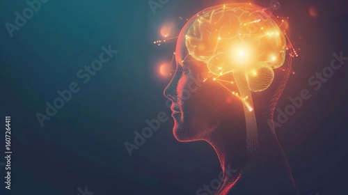 Human profile with glowing brain and neural connections shown