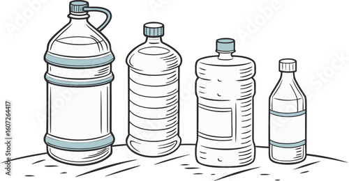 Many water bottles isolated on white. a vector illustration of a lineup of various plastic water bottles in increasing size. ach bottle should have a distinct design,