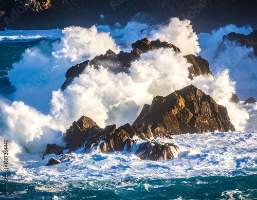 Powerful waves crashing over rocks