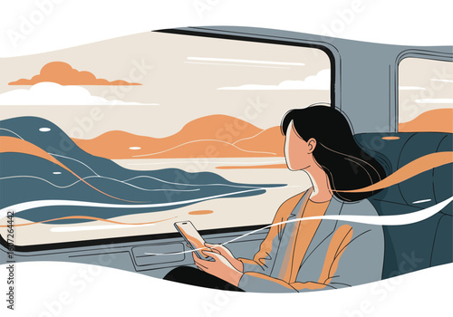 Illustration of a woman on a scenic train journey, looking out the window while holding a smartphone, embodying wanderlust and contemplation.