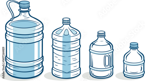 Many water bottles isolated on white. a vector illustration of a lineup of various plastic water bottles in increasing size. ach bottle should have a distinct design,