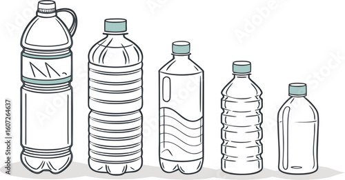Many water bottles isolated on white. a vector illustration of a lineup of various plastic water bottles in increasing size. ach bottle should have a distinct design,