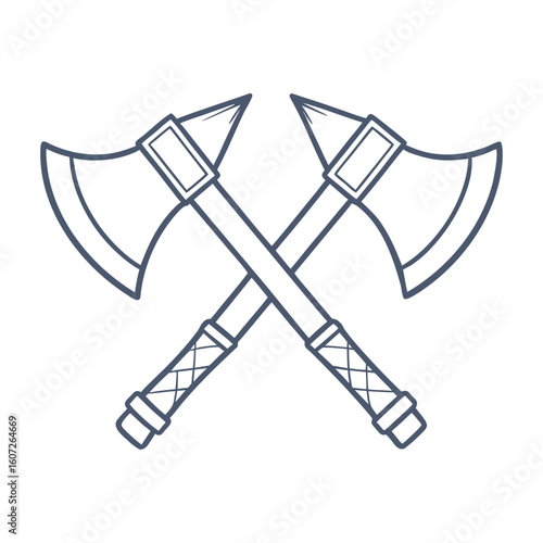 Two crossed battle axes with detailed handles and blades in a simple line art style weapon medieval
