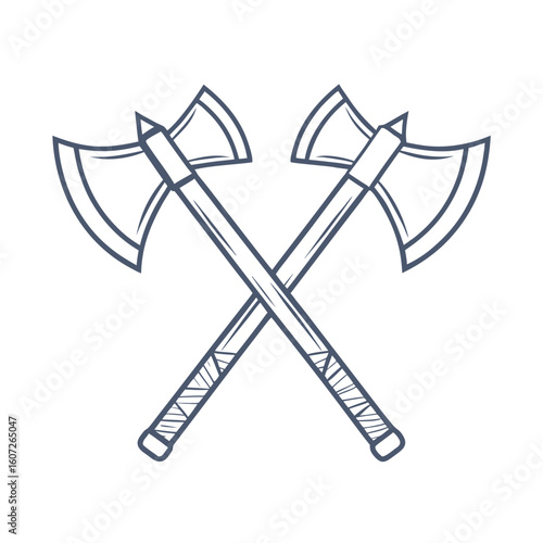 Two crossed battle axes with wrapped handles on a white background weapon medieval