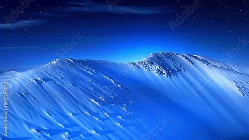 Mountainous ridge towering beneath starry sky, casting blue luminescence over snow blanketed terrain with frost capped peak silhouetted against pristine winter expanse