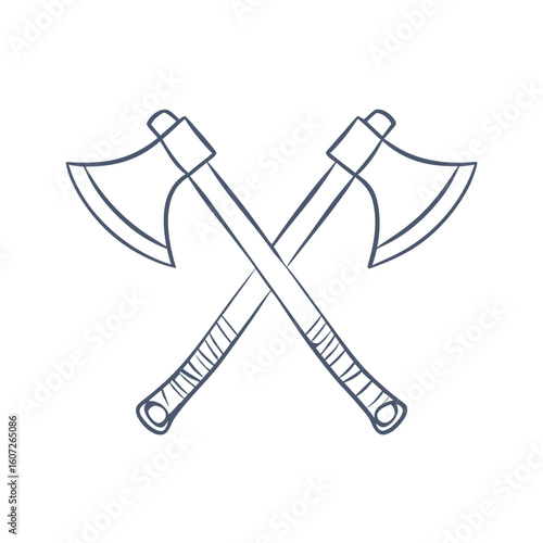 Two crossed hand drawn axes with dark blue outline on white background weapon tool