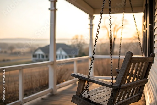 Serene Sunset View from a Rustic Porch Swing Gently Swaying in the Breeze