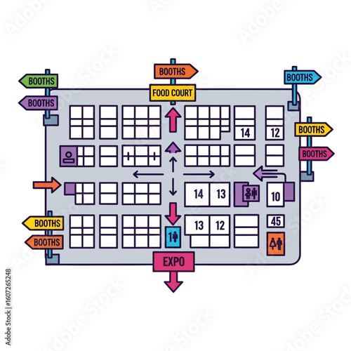 Overhead schematic of an expo floor plan, showing booth layouts, food court location, restrooms, and entrance/exit points, with colorful directional signage.