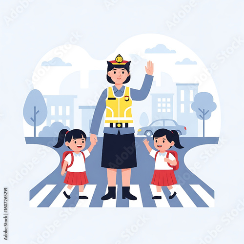 Traffic Police Woman Helping School Children Cross Street Safety Concept