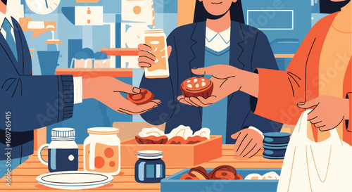 A vector illustration of people sharing pastries and coffee at a bustling local bakery, promoting community and small business.