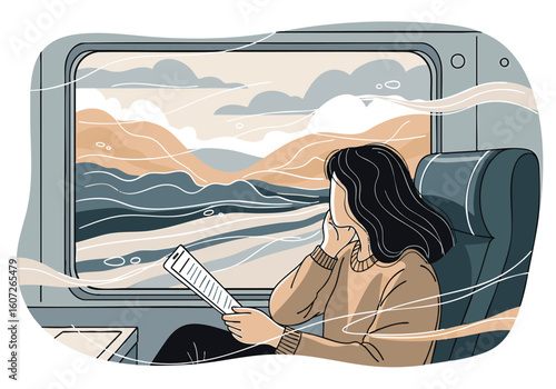 A contemplative woman traveling by train, looking at the scenic landscape passing by the window