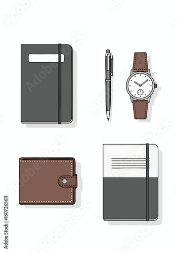 A flat lay vector illustration of business essentials and personal accessories, including a notebook, pen, watch, and wallet.