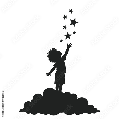 Silhouette child reaching for stars on cloud vector