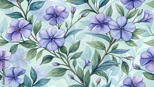 Digital seamless Periwinkle flower pattern. Hand-painted watercolor style. Bold and vibrant. High resolution. Suitable for textile design.