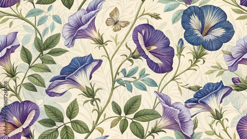 Illustration, seamless digital floral pattern. Butterfly Pea flower. Natural colors. High resolution. Designed for printing on fabric or wallpaper or textiles.