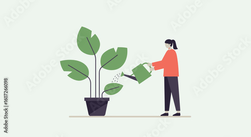 Female Nurturing a Potted Houseplant with a Watering Can