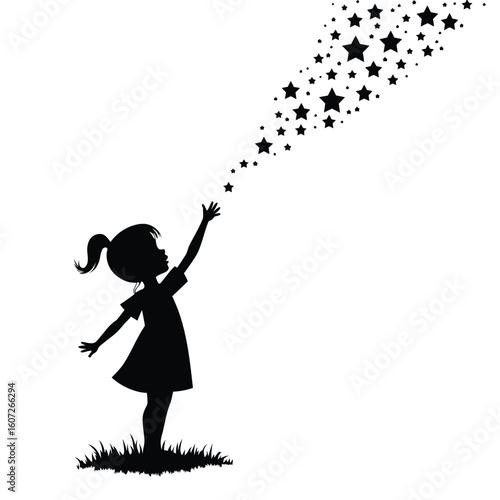 Silhouette girl reaching for falling stars child