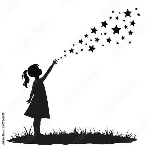 Silhouette girl reaching for falling stars child