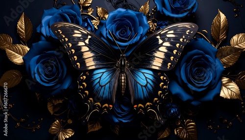 Blue roses, gold leaves, and a butterfly