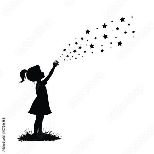 Silhouette girl reaching for scattered stars child